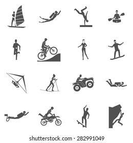 Extreme sports black icons set with people snorkeling diving jumping isolated vector illustration