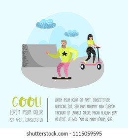 Extreme Sports Cartoons. Teenager Skateboarding, Girl Roller Skating. Active Characters People Playing Outdoor. Vector illustration