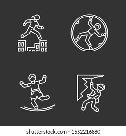 Extreme sports chalk icons set. Parkour, traversing obstacles. Zorbing, globe-riding. Slacklining, balance training. Abseiling, rappelling. Mountaineering. Isolated vector chalkboard illustrations