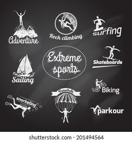 Extreme sports chalkboard icons set of skateboard snorkeling parkour isolated vector illustration