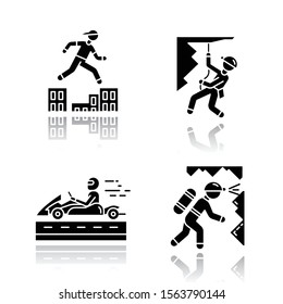 Extreme sports color drop shadow black glyph icons set. Parkour, traversing obstacles. Abseiling, rappelling. Alpinism, mountaineering. Caving, potholing. Spelunking. Isolated vector illustrations