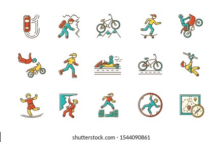 Extreme sports color icons set. Climbing, mountaineering. Spelunking. Cycling, rollerskating. Motorcar racing. People doing stunts. Street culture. Orienteering skill. Isolated vector illustrations