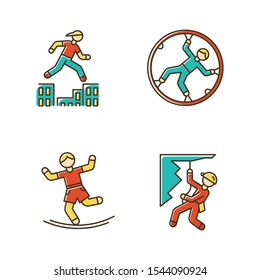 Extreme sports color icons set. Parkour, traversing obstacles. Zorbing, globe-riding. Slacklining, balance training. Abseiling, rappelling. Alpinism, mountaineering. Isolated vector illustrations