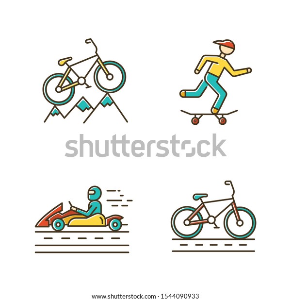Extreme
sports color icons set. Mountain cycling. Cross-country, downhill
biking. Skateboarding. Karting, open-wheel motorsport. Cycling,
bicycle racing. Isolated vector
illustrations