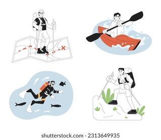 Extreme sports concept hero image set. Outdoor recreational activities in land, water. Outdoors men concept black and white illustration pack. Recreation people. Vector art for web design ui