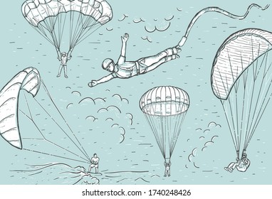  El concepto de deportes extremos. Esbozar ilustración vectorial retro con paracaídas dibujados a mano, saltos de bungee y kite surf. Portada, afiche, pancarta y postal