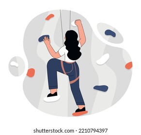 El concepto de deportes extremos. Jovencita envuelta en montañismo con arnés. Estilo de vida activo, ocio y recreación, hobby. Afiche o cartel para el sitio web. Dibujo vectorial plano de dibujos animados