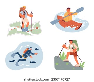 Extreme sports conceptual hero image set. Outdoor recreational activities in land, water. Outdoors men concept illustration pack. Recreation people. Summer wanderlust. Vector art for web design ui