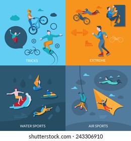 Extreme sports design concept set with tricks water and air flat icons isolated vector illustration