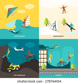 Extreme sports design concept set with winter and water adrenaline adventures flat icons isolated vector illustration