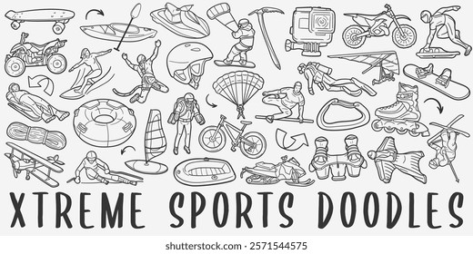 Extreme Sports Doodle Icons. Hand Made Line Art. Activity Clipart Logotype Symbol Design.