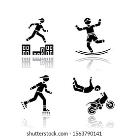 Extreme sports drop shadow black glyph icons set. Parkour, traversing obstacles. Slacklining, balance training. Inline skating. Motorcycle stunt riding. Motocross. Isolated vector illustrations