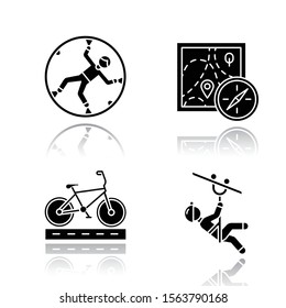 Extreme sports drop shadow black glyph icons set. Zorbing, globe-riding. Foot orienteering. Navigation equipment. Cycling, bicycle racing. Zipline, canopy tour. Isolated vector illustrations