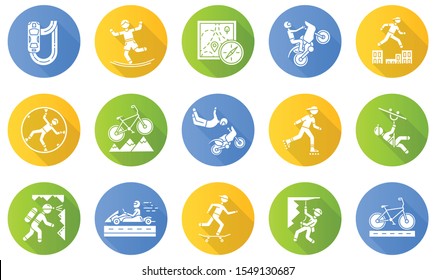 Extreme sports flat design long shadow glyph icons set. Mountaineering. Spelunking. Cycling, rollerskating. Motorcar racing. Street culture. Orienteering skill. Vector silhouette illustrations