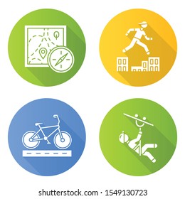 Extreme sports flat design long shadow glyph icons set. Foot orienteering. Navigation equipment. Zipline, canopy tour. Parkour, traversing obstacles. Bicycle racing. Vector silhouette illustration