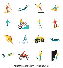 Extreme sports flat icons set with kite cycling rowing isolated vector illustration