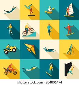 Extreme Sports Flat Long Shadow Icons Set Isolated Vector Illustration