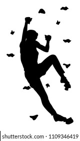 Extreme sports girl climb without rope. Woman climbing vector silhouette illustration, isolated on background. Sport weekend action in adventure park. Rock wall for fun. Tough and healthy discipline. 