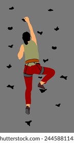 Extreme sports girl climbs without rope. Woman climbing vector illustration isolated. Sport weekend action in adventure park. Rock wall for fun. Tough and healthy discipline. Climbers skills. Workout