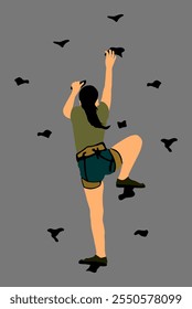 Extreme sports girl climbs without rope. Woman climbing vector illustration isolated. Sport weekend action in adventure park. Rock wall for fun. Tough and healthy discipline. Climbers skills. Workout