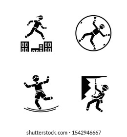 Extreme sports glyph icons set. Parkour, traversing obstacles. Zorbing, globe-riding. Slacklining. Abseiling, rappelling. Mountaineering. Silhouette symbols. Vector isolated illustration