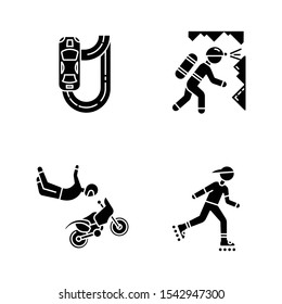 Extreme sports glyph icons set. Auto racing. Drifting car. Caving, potholing. Spelunking. Freestyle motocross. Inline skating, rollerblading. Silhouette symbols. Vector isolated illustration
