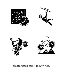 Extreme sports glyph icons set. Foot orienteering. Navigation equipment. Zipline, canopy tour. Motocross racing. Cross-country biking. Silhouette symbols. Vector isolated illustration