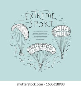 Letras escritas a mano en deportes extremos. El Doodle esboza un marco vectorial con los paracaidistas que vuelan con un parapente y un paracaídas. Coloque el texto. Diseño para volante, tarjeta, invitación, afiche y banner web