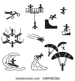 Extreme sports icon set. People performing extreme sports icons. Vector.