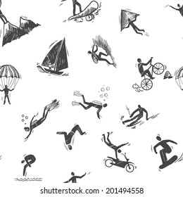 Extreme sports icon sketch seamless pattern of snorkeling surfing climbing vector illustration.