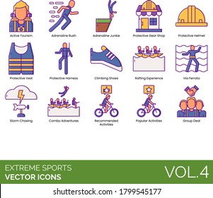 Extreme sports icons including active tourism, adrenaline rush, junkie, protective gear shop, helmet, vest, harness, climbing shoes, rafting experience, via ferrata, storm chasing, combo adventure.