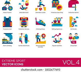 Extreme sports icons including active tourism, adrenaline rush, junkie, protective gear shop, helmet, vest, harness, climbing shoes, rafting experience, via ferrata, storm chasing, combo adventure.