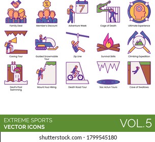 Extreme sports icons including family deal, member discount, adventure week, cage of death, ultimate experience, caving tour, guided snowmobile, zipline, survival skill, climbing expedition, swimming.
