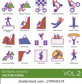 Extreme sports icons including mountain biking, boarding, BMX racing, freestyle scootering, aggressive inline skating, rock, free climbing, base, bungee jumping, canyoning, ice, parkour, skydiving.