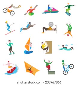 Extreme sports icons set with people kiting cycling sailing skiing isolated vector illustration