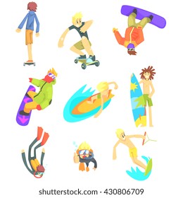 Extreme Sports Illustration Set Of Cool Stylized Flat Vector Drawings On White Background