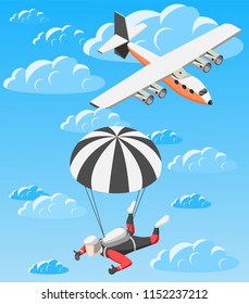 Extreme sports isometric background parachuting theme with with the images of aircraft and skydiver soaring in clouds vector illustration