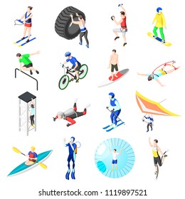 Extreme sports isometric icons set of young people engaging in power show parkour bungee jumping diving kayaking snowboarding parachuting isolated vector illustration 