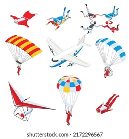Extreme sports isometric set of sportsmen flying in sky space by paraglider parachute hang glider isolated vector illustration