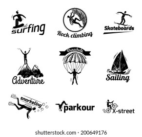 Extreme sports label sketch of diving climbing sailing isolated vector illustration