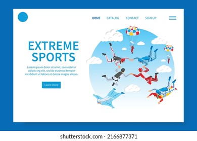 Extreme Sports Landing Page Providing Information About Parachuting Skydiving Paragliding Parafoil Hang Glider Isometric Vector Illustration