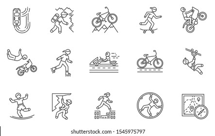 Extreme sports linear icons set. Mountaineering. Spelunking. Cycling, rollerskating. Motorsport. Orienteering skill. Thin line contour symbols. Isolated vector outline illustrations, Editable stroke