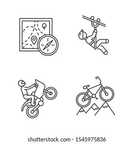 Extreme sports linear icons set. Foot orienteering. Zipline, canopy tour. Motocross racing. Mountain cycling. Thin line contour symbols. Isolated vector outline illustrations. Editable stroke