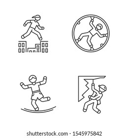 Extreme sports linear icons set. Parkour, traversing obstacles. Zorbing. Slacklining. Abseiling, rappelling. Thin line contour symbols. Isolated vector outline illustrations. Editable stroke