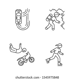 Extreme sports linear icons set. Auto racing. Caving, spelunking. Motorcycle stunt riding. Motocross. Inline skating. Thin line contour symbols. Isolated vector outline illustrations. Editable stroke