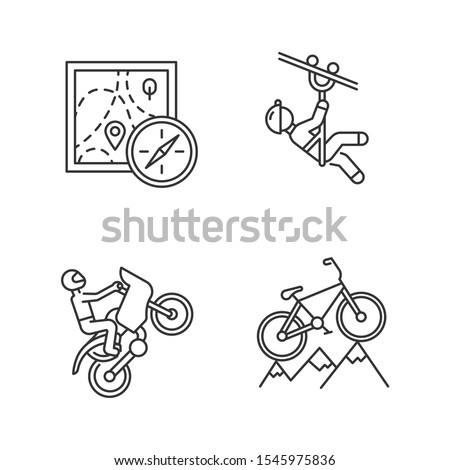 Extreme sports linear icons set. Foot orienteering. Zipline, canopy tour. Motocross racing. Mountain cycling. Thin line contour symbols. Isolated vector outline illustrations. Editable stroke