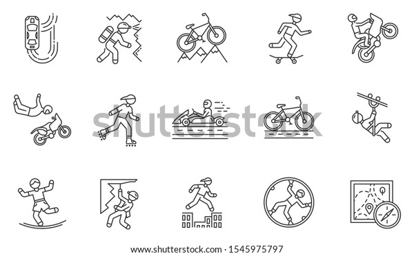 Extreme sports linear icons set. Mountaineering.\
Spelunking. Cycling, rollerskating. Motorsport. Orienteering skill.\
Thin line contour symbols. Isolated vector outline illustrations,\
Editable stroke
