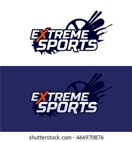 Extreme sports logo. Snowboard, ski and bike, mud splashes.