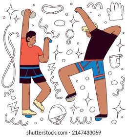 Extreme sports mans climbing doodle vector illustration. Sport summer weekend action. Rock wall for fun activity, healthy discipline. Sport doodle items on background.