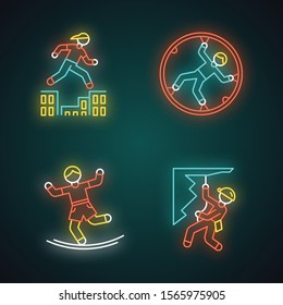 Extreme sports neon light icons set. Parkour, traversing obstacles. Zorbing, globe-riding. Slacklining, balance training. Abseiling, rappelling. Alpinism. Glowing signs. Vector isolated illustrations